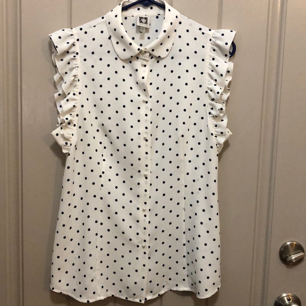 Pretty Navy Blue Polka Dot Anne Klein Blouse (8)